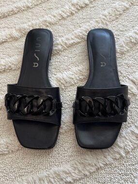 Unisa Black Chain Slide Sandals Square Toe Slip-On Flat Slides Womens Size 6.5